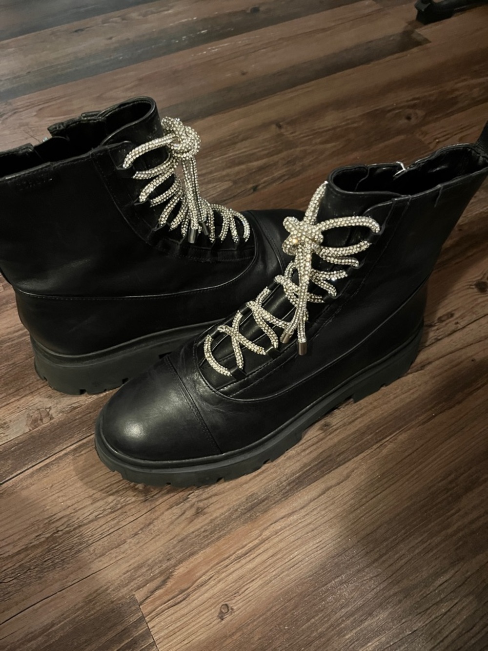 SCHUTZ Black edgy y2k Platform Combat Boots Rhinestone laces Kalie glam leather